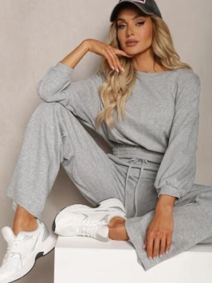 Szary Bawełniany Komplet Bluza Krótka ze Ściągaczem i Szerokie Spodnie ze Sznurkiem w Pasie Rionnea