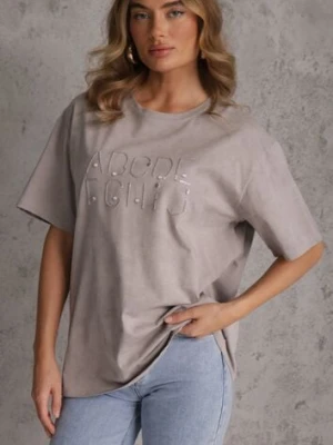 Szary Bawełniany T-shirt Oversize z Haftowanym Napisem z Cekinami Talomora romee's