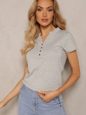 Szary Bawełniany T-shirt z Guzikami przy Dekolcie Wialina alnwick