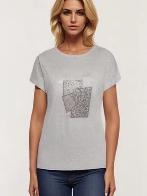 Szary Bawełniany T-shirt z Ozdobnym Napisem i Cyrkoniami Krisiona