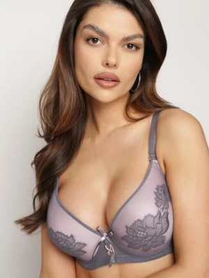 Szary Biustonosz Full Cup z Koronką na Miseczkach Awenora