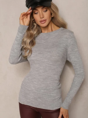 Szary Casualowy Sweter z Prążkowanego Materiału Zintra Miss Poem