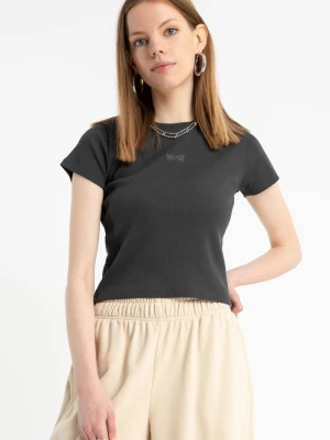 Szary CROP TOP z dzianiny prążkowanej Reporter