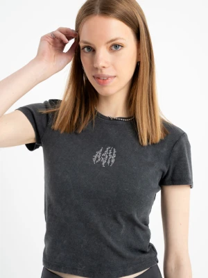 Szary CROP TOP z ozdobną aplikacją z kryształków Reporter