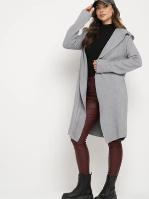 Szary Długi Kardigan z Wiskozą Bez Zapięć z Kapturem Nevarisse wei wei