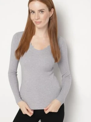 Szary Dopasowany Sweter z Nieregularnym Dekoltem w Serek Fenarela