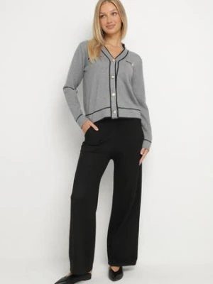 Szary Dzianinowy Komplet Szerokie Spodnie i Kardigan z Lamówkami Gioresa j&x