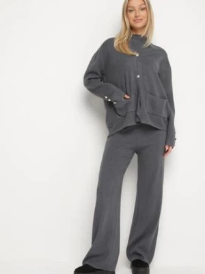 Szary Dzianinowy Komplet z Bawełną Spodnie Kardigan i Bluzka z Golfem Ralinada j&x