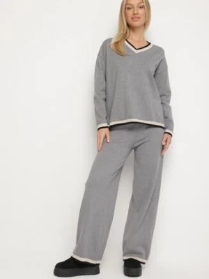 Szary Dzianinowy Komplet z Ozdobną Lamówką Sweter i Szerokie Spodnie Ralenae glo-story