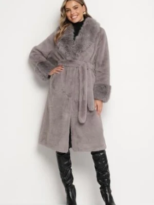 Szary Futerkowy Płaszcz z Szerokim Kołnierzem i Mankietami z Wiązanym Paskiem Viaruna yu & me