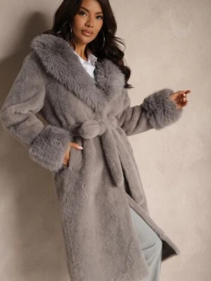 Szary Futrzany Płaszcz z Wiązanym Paskiem Ozdobnym Kołnierzem i Mankietami Viaressa yu & me
