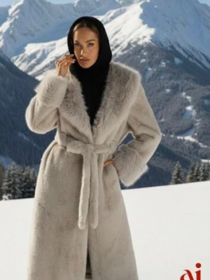 Szary Futrzany Płaszcz z Wiązanym Paskiem Ozdobnym Kołnierzem i Mankietami Viaressa yu & me