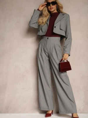 Szary Garniturowy Komplet Marynarka Cropped i Szerokie Spodnie Mairilee