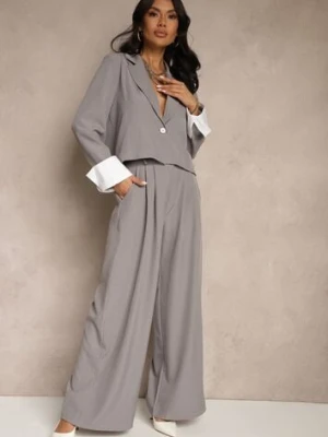 Szary Garniturowy Komplet Marynarka i Spodnie z Kontrastującymi Zdobieniami Davirielle jumelle