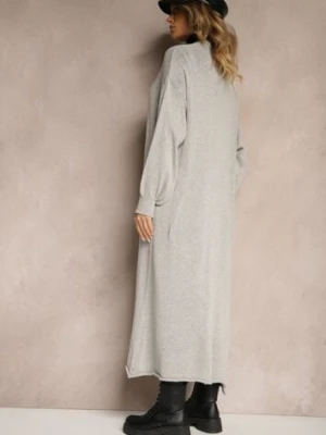 Szary Jednolity Kardigan o Przedłużonym Kroju ze Ściągaczami Terrin tricot station