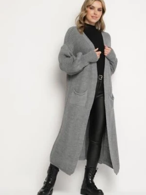 Szary Kardigan Długi z Bufiastym Rękawem Folote pretty