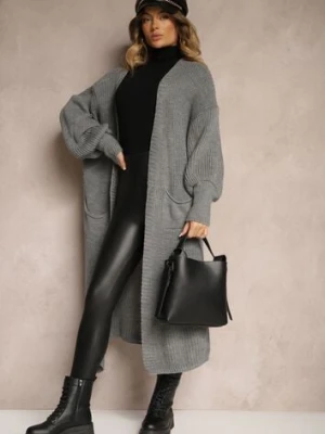 Szary Kardigan Długi z Bufiastym Rękawem Mesho pretty
