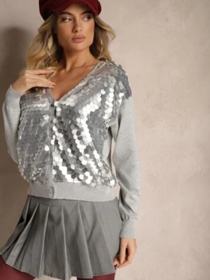 Szary Kardigan na Guziki z Wiskozą i Cekinami Evelith wei wei