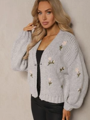 Szary Kardigan w Kwiatowe Aplikacje z Zapięciem na Elegancką Agrafkę Patista acajo