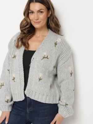 Szary Kardigan w Kwiatowy Wzór Zapinany na Ozdobną Agrafkę Patinita acajo