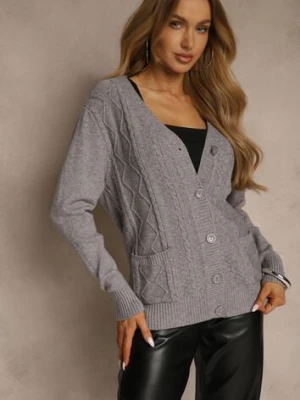 Szary Kardigan z Bawełną i Tłoczonym Wzorem Reisina
