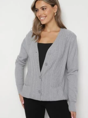 Szary Kardigan z Bawełną Kieszeniami i Tłoczeniami Mevalee j&x