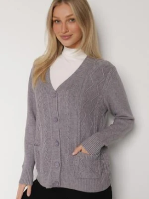 Szary Kardigan z Bawełną Zdobiony Warkoczowym Splotem i Kieszeniami Mevesava