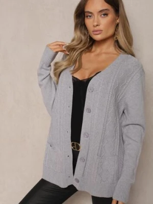 Szary Kardigan z Dodatkiem Bawełny Ozdobiony Tłoczeniami i Kieszeniami Mavalin j&x