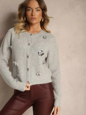 Szary Kardigan z Dodatkiem Wełny na Guziki z Kwiatami 3D Zemisya acajo