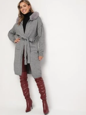 Szary Kardigan z Wełną o Prostym Kroju z Kapturem z Odpinanym Futrem Wiązany w Pasie Besigala yu & me