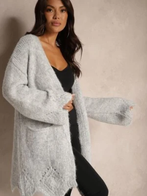 Szary Kardigan z Wełną Ozdobiony Wsuwanymi Kieszeniami i Ażurowym Motywem Elliosia unigirl