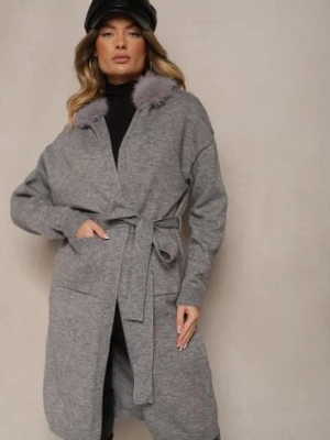 Szary Kardigan z Wełną Wiązany w Pasie z Kapturem z Odpinanym Futerkiem Besiyana yu & me