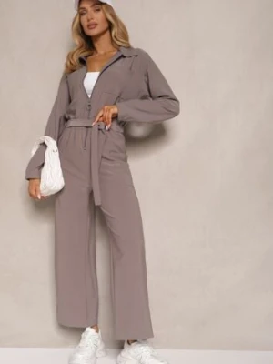 Szary Kombinezon z Elastyczną Gumką w Pasie z Dodatkowym Wiązaniem o Luźnym Kroju Creera defox
