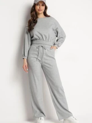 Szary Komplet Bawełniany Spodnie Szerokie ze Sznurkiem w Pasie i Bluza ze Ściągaczami Urionne