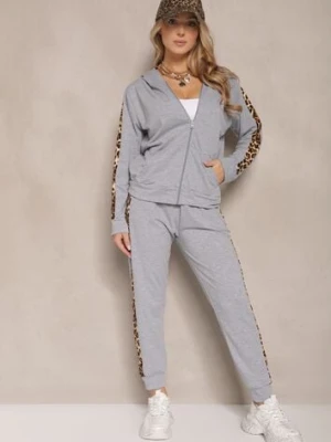 Szary Komplet Dresowy z Bluzą i Spodniami Zdobionymi Panterką Tirhiris defox