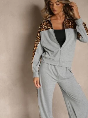 Szary Komplet Dresowy z Panterkowymi Wstawkami Bluza i Spodnie Wide Leg Redrie defox