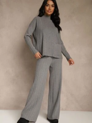 Szary Komplet Dzianinowy Spodnie o Szerokim Kroju i Sweter Półgolf Datusa