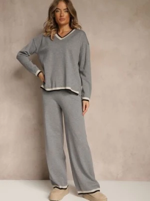 Szary Komplet Dzianinowy Sweter i Spodnie Wide Leg z Ozdobną Lamówką Ralenia glo-story