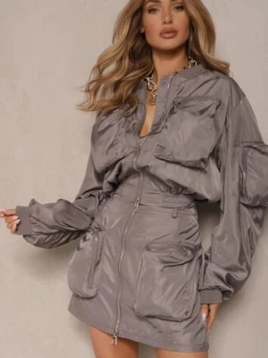 Szary Komplet Kurtka Bomberka z Marszczeniem na Rękawach Spódnica Ozdobiona Kieszeniami Dlisera