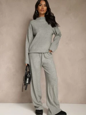 Szary Komplet Oversize z Dzianiny z Wełną Sweter i Szerokie Spodnie Alenria