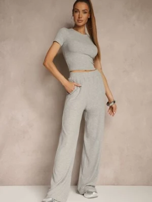 Szary Komplet z Bawełny T-shirt Typu Crop Top i Spodnie Wide Leg Nelisandra