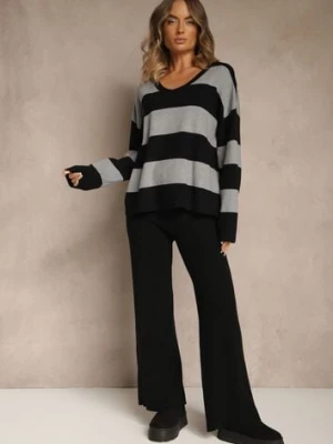 Szary Komplet z Dzianiny Spodnie Wide Leg i Sweter w Szerokie Pasy Falorella j&x