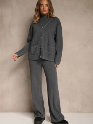 Szary Komplet z Dzianiny z Bawełną Spodnie Kardigan i T-shirt z Golfem Ralonia j&x