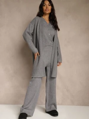 Szary Komplet z Dzianiny z Wełną Długi Kardigan Kamizelka i Spodnie Netivia