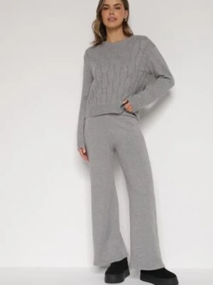 Szary Komplet z Wełną i Bawełną Sweter ze Splotem i Szerokie Spodnie Reinettia
