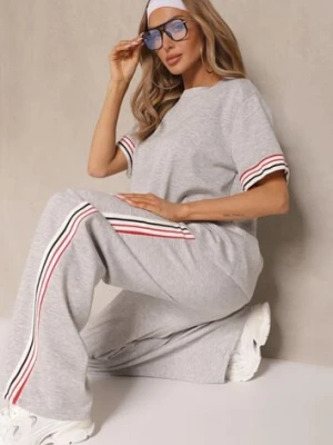 Szary Komplet z Wiskozą Bluzka Ozdobiona Paskami i Szerokie Spodnie Nilassea new collection