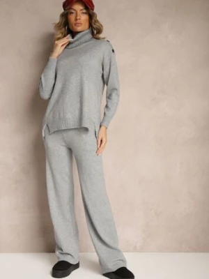 Szary Komplet z Wiskozą i Modalem Spodnie o Szerokim Kroju i Golf Ozdobiony Guzikami Sassifra