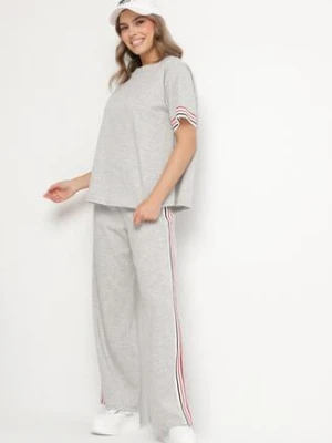 Szary Komplet z Wiskozą Szerokie Spodnie i Bluzka z Paskami Nilanaria new collection