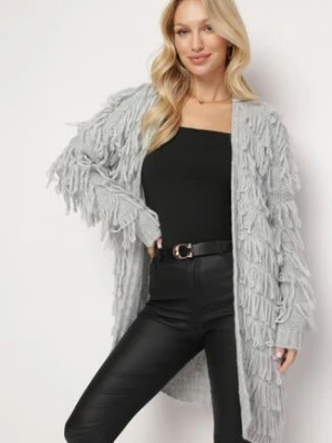 Szary Luźny Kardigan Niezapinany w Ozdobne Frędzle Tadesse lily rose