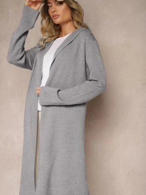 Szary Niezapinany Kardigan z Wiskozą o Długim Kroju z Kapturem Nevaliana wei wei